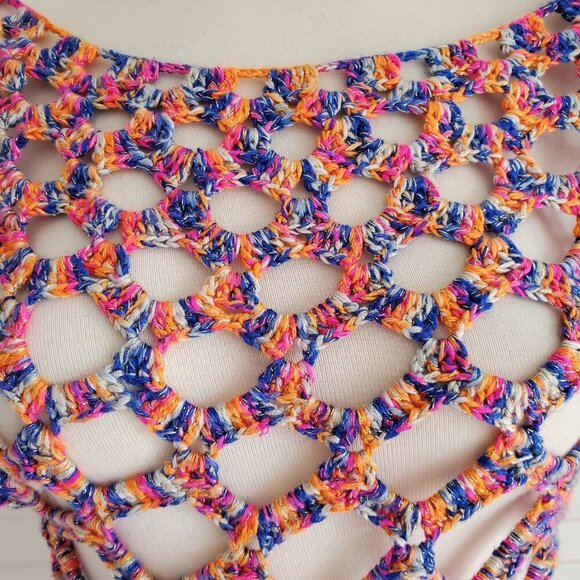 Crocheted Multicolor Chain Mail Open Weave Gold Metallic Threads Tunic Top S - Picture 6 of 14
